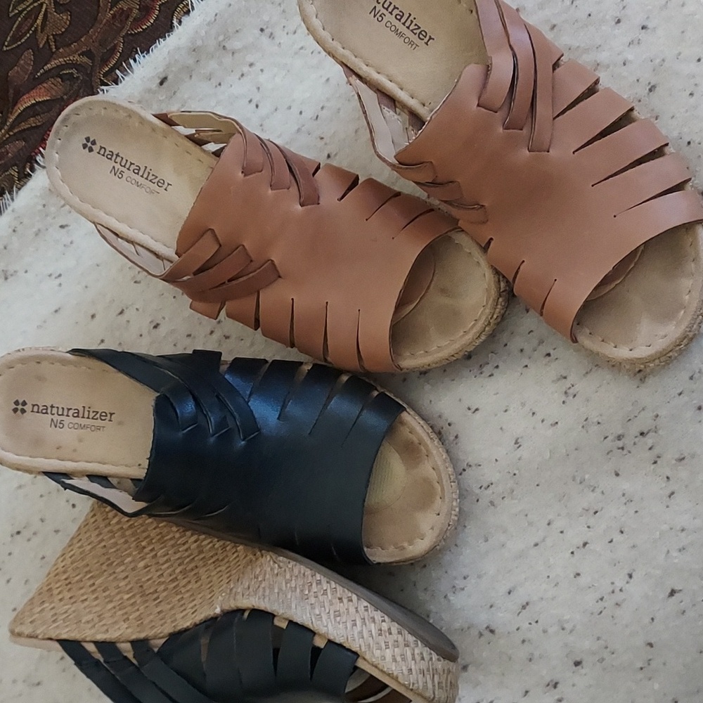 2 Pair!! 8 NARROW Naturalizer 1 Black 1 Tan Wedge Sandals Size 8N